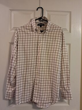 Tommy Hilfiger Men’s Size Medium Beige and Burgundy Windowpane Button-Down Shirt